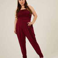 Curve Ruched Knit Jumpsuit Plus Size Rompers + Jumpsuits Burgundy 1XL -2020AVE