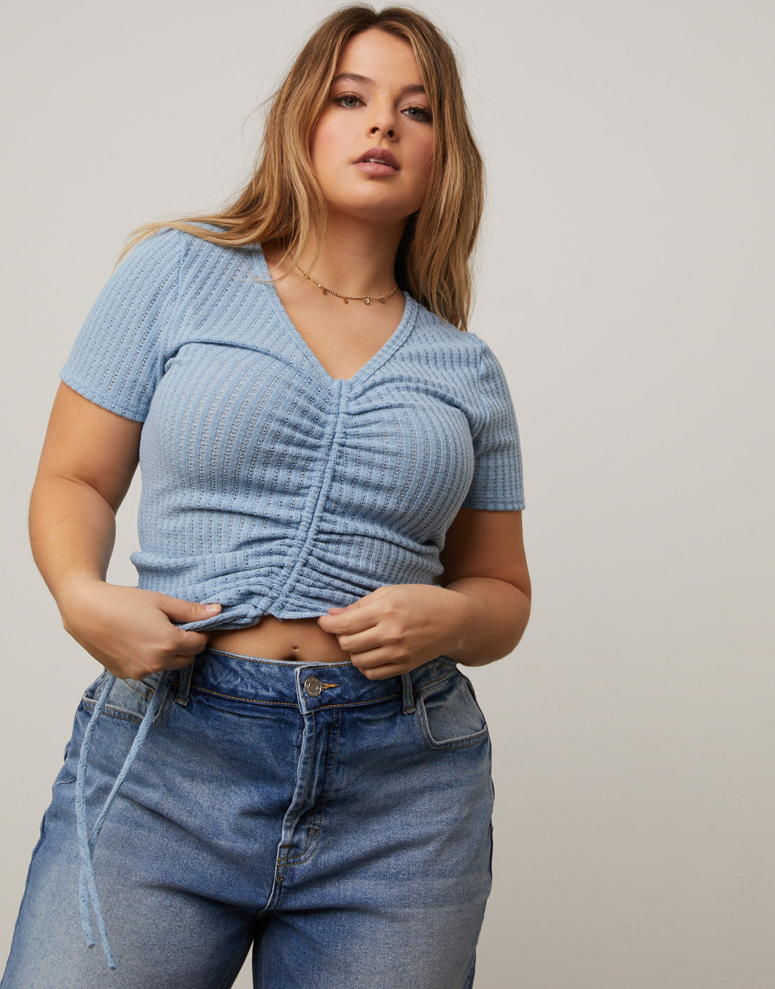 Curve Ruched Knit Tee Shirt Plus Size Tops Light Blue 1XL -2020AVE