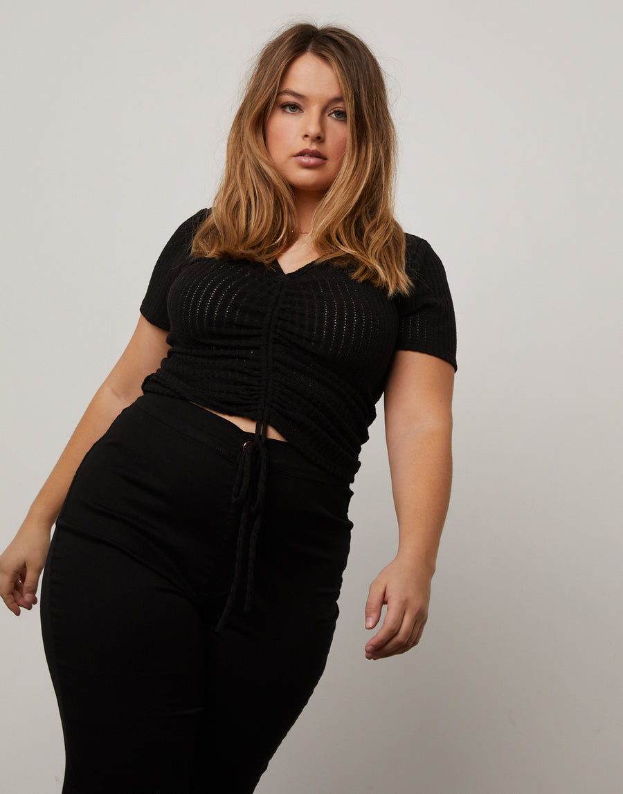 Curve Ruched Knit Tee Shirt Plus Size Tops Black 1XL -2020AVE