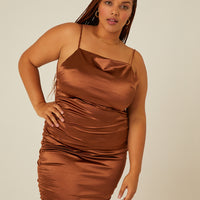 Curve Ruched Satin Mini Dress Plus Size Dresses Brown 1XL -2020AVE