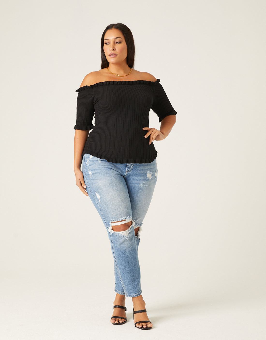 Curve Ruffle Edge Sweater Top Plus Size Tops Black 1XL -2020AVE