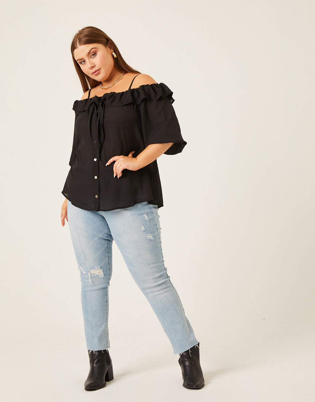 Curve Ruffled Cold Shoulder Top Plus Size Tops Black 1XL -2020AVE