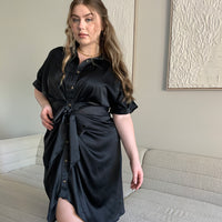 Curve Satin Ruched Button Up Dress Plus Size Dresses Black 1XL -2020AVE