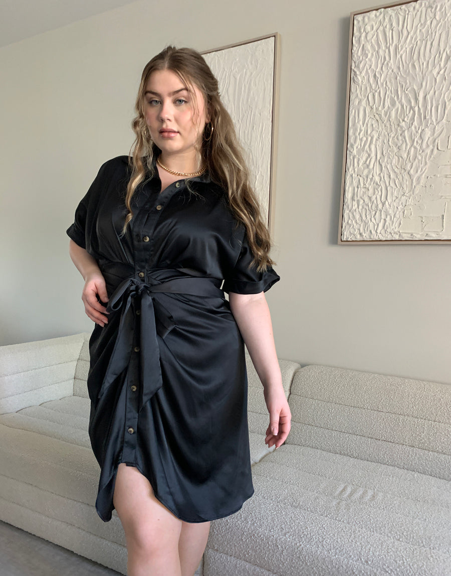 Curve Satin Ruched Button Up Dress Plus Size Dresses Black 1XL -2020AVE