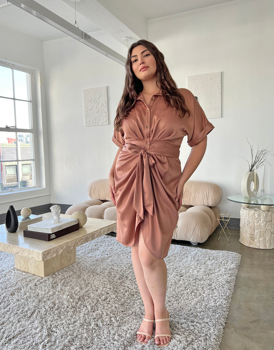 Curve Satin Ruched Button Up Dress Plus Size Dresses Brown 1XL -2020AVE