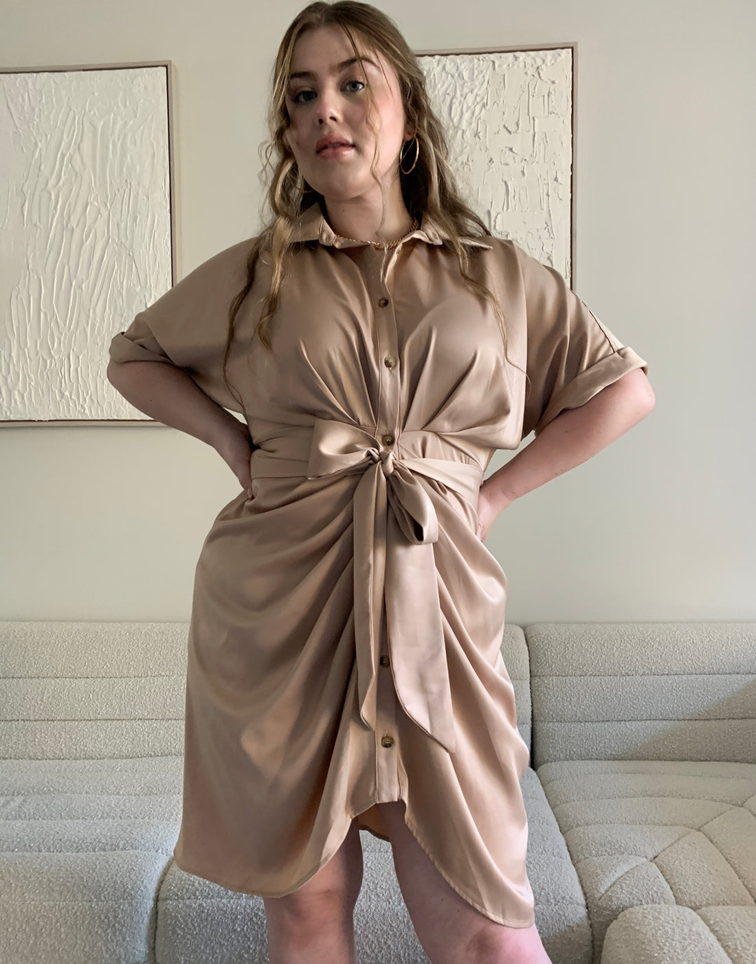 Curve Satin Ruched Button Up Dress Plus Size Dresses Taupe 1XL -2020AVE