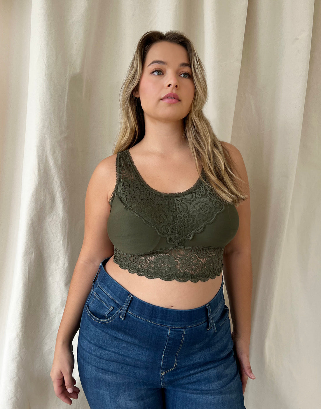 Curve Seamless Lace Padded Bralette Plus Size Intimates Olive XL -2020AVE