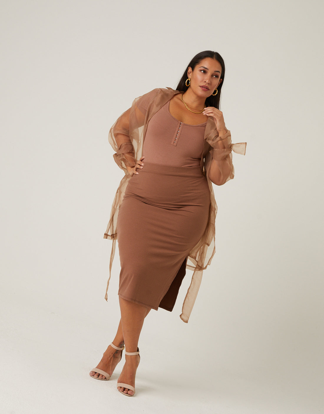Curve Sheer Belted Cardigan Plus Size Outerwear -2020AVE