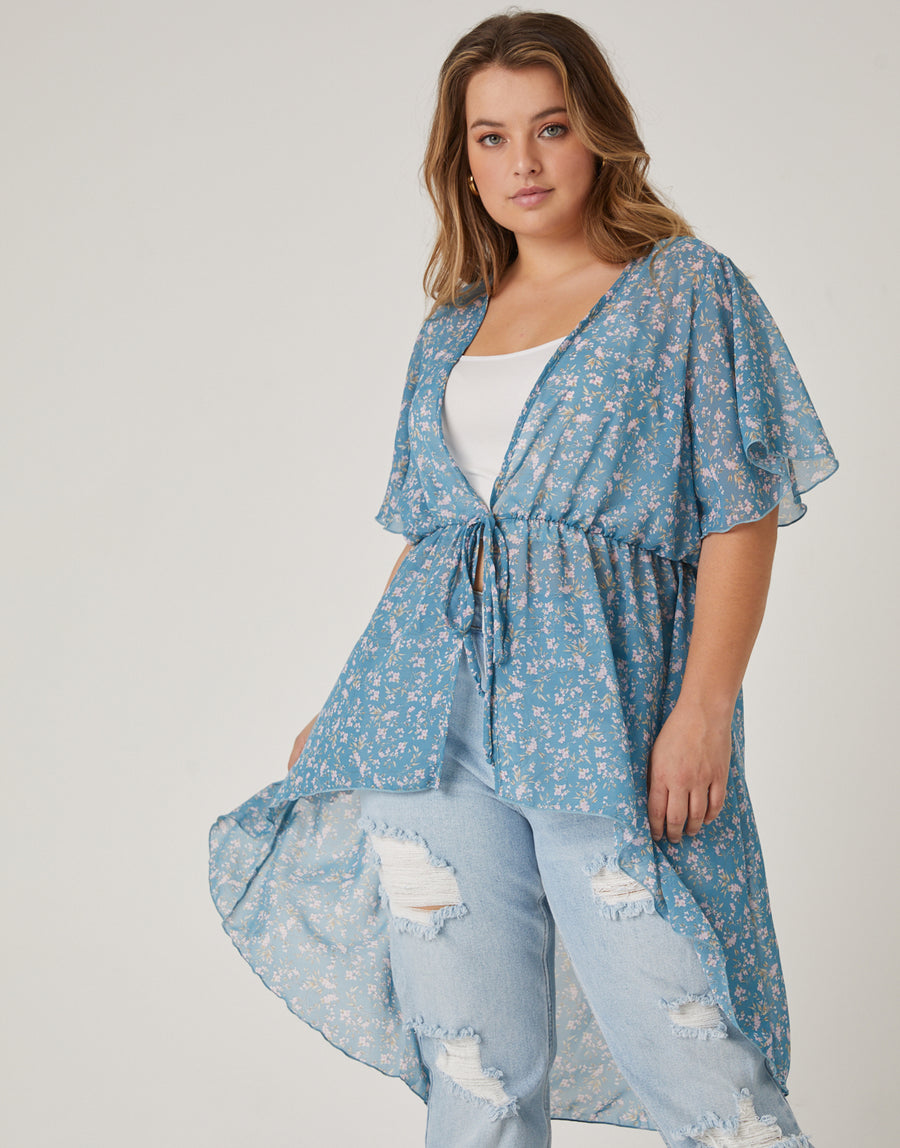Curve Sheer Floral Tie Front Top Plus Size Tops Blue 1XL -2020AVE