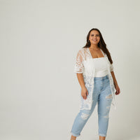 Curve Sheer Lace Cardigan Plus Size Tops White 1XL -2020AVE