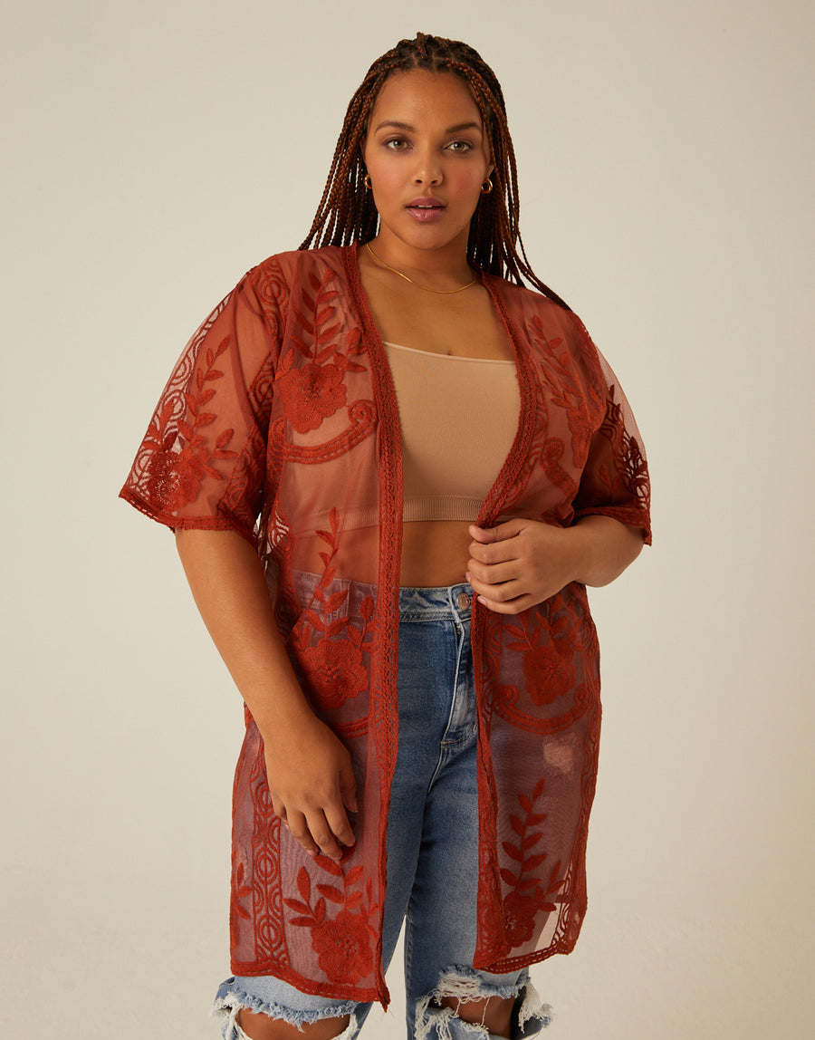 Curve Sheer Lace Cardigan Plus Size Tops Rust 1XL -2020AVE