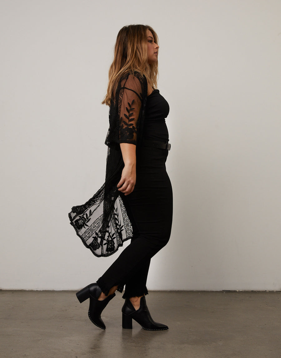Curve Sheer Lace Cardigan Plus Size Tops Black 1XL -2020AVE