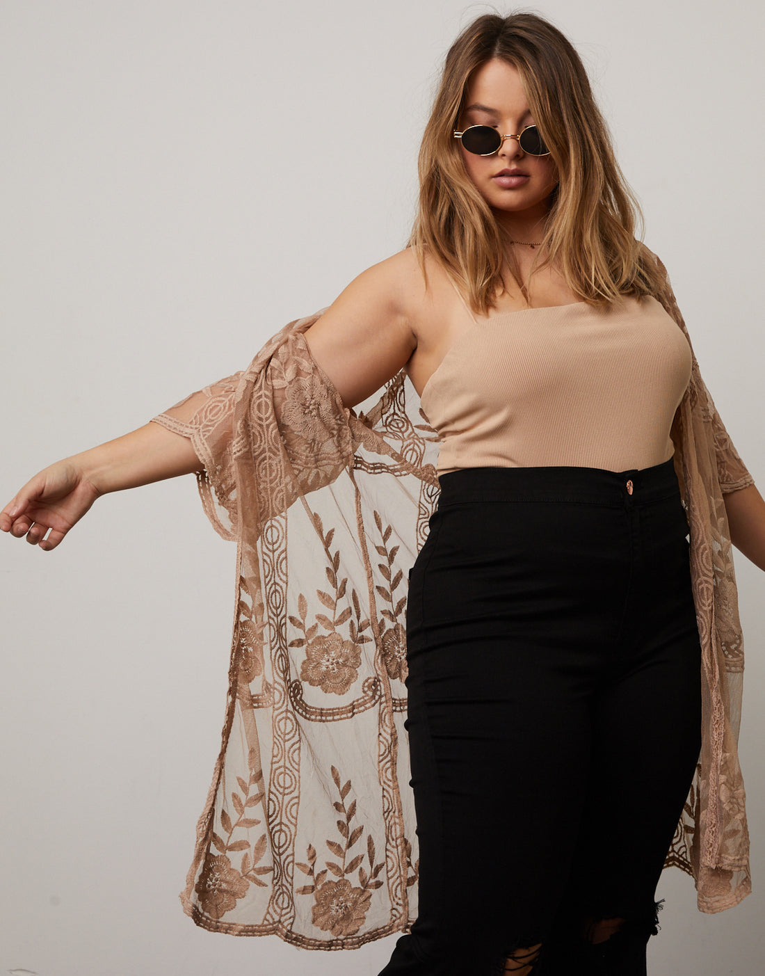 Curve Sheer Lace Cardigan Plus Size Tops Taupe 1XL -2020AVE
