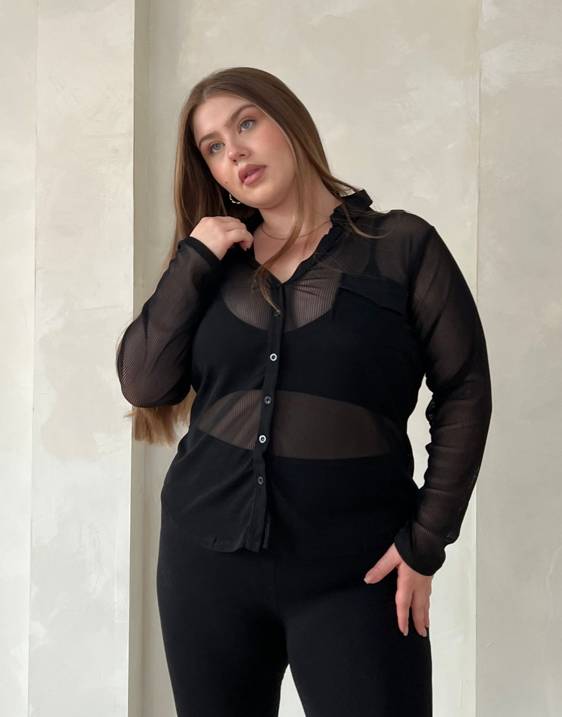 Curve Sheer Ribbed Button Up Shirt Plus Size Tops -2020AVE