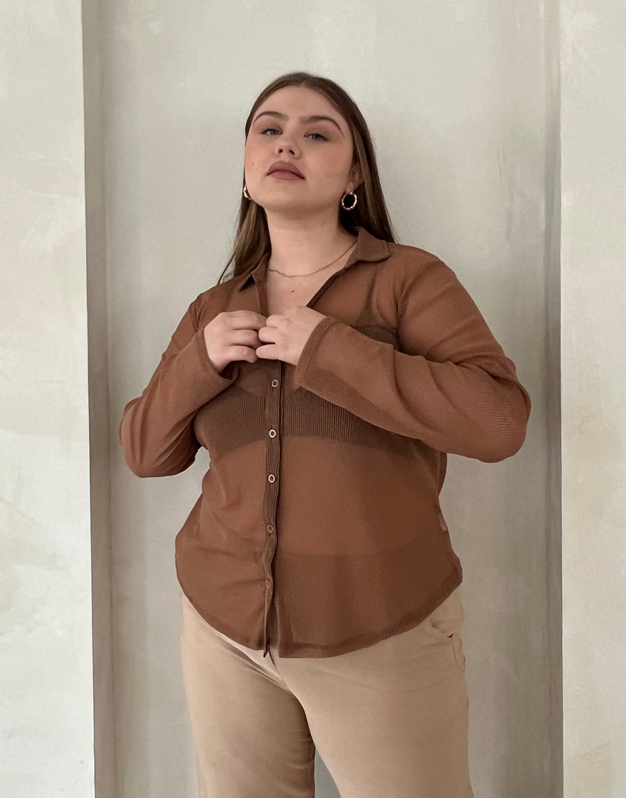 Curve Sheer Ribbed Button Up Shirt Plus Size Tops Mocha 1XL -2020AVE