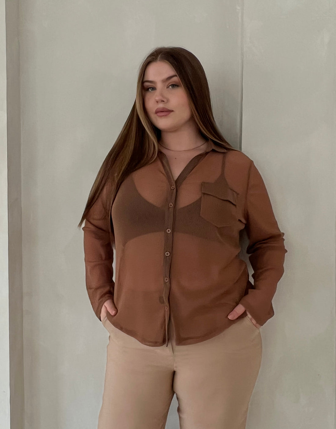Plus Size Sheer Ribbed Button Up Shirt – 2020AVE