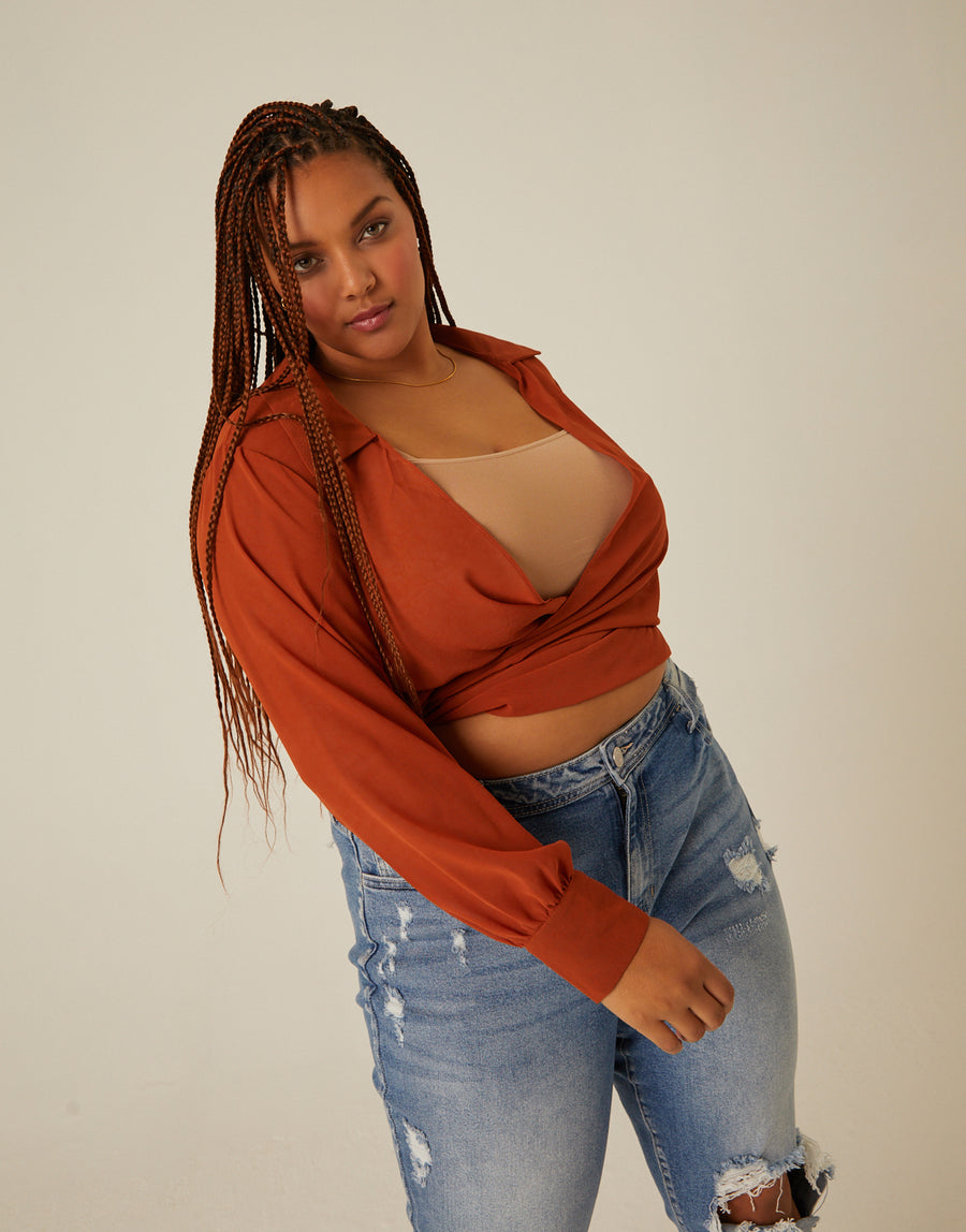 Curve Sheer Tie Front Top Plus Size Tops Rust 1XL -2020AVE