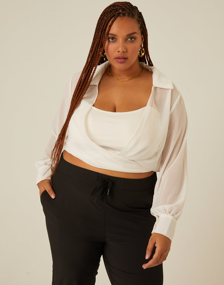 Curve Sheer Tie Front Top Plus Size Tops White 1XL -2020AVE