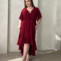 Curve Short Sleeve High Low Dress Plus Size Dresses Burgundy 1XL -2020AVE