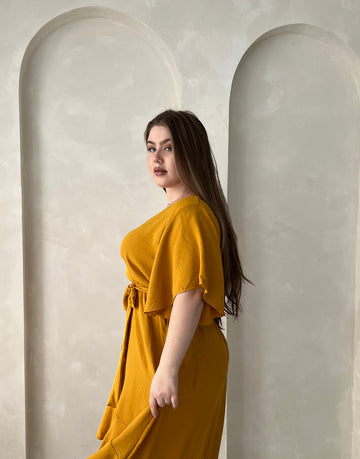 Curve Short Sleeve High Low Dress Plus Size Dresses Mustard 1XL -2020AVE