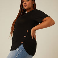 Curve Side Button Tee Plus Size Tops Black 1XL -2020AVE