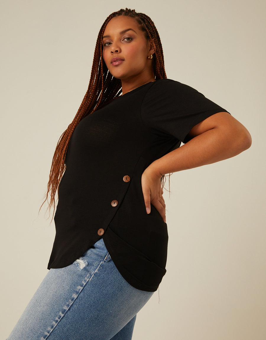 Curve Side Button Tee Plus Size Tops Black 1XL -2020AVE