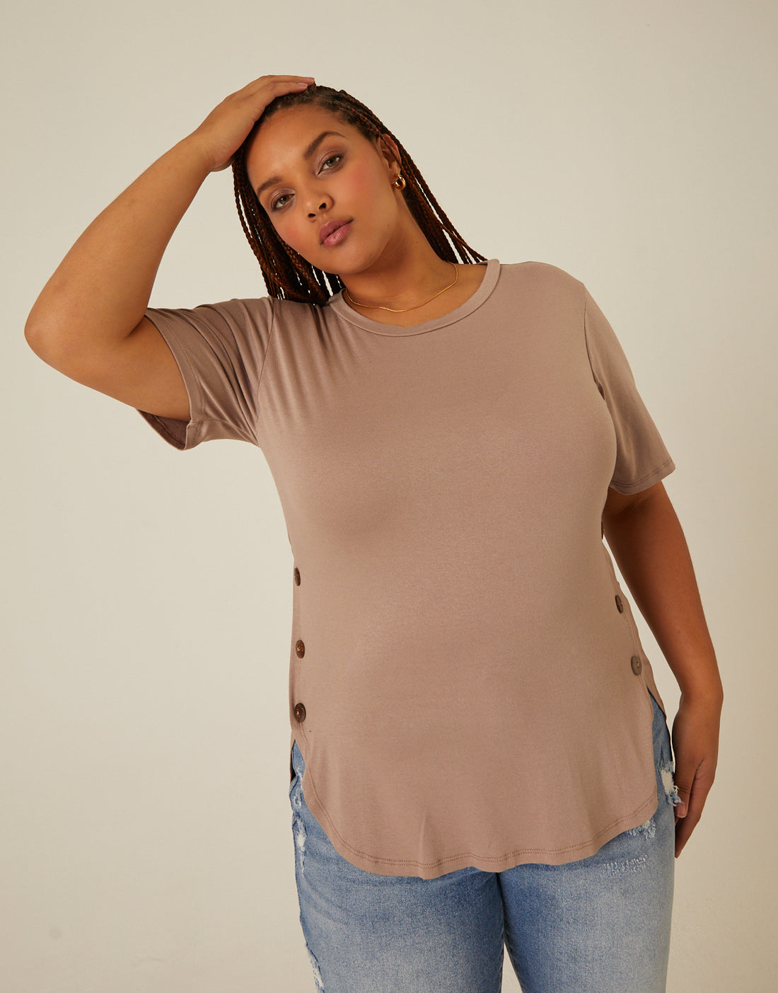 Curve Side Button Tee Plus Size Tops Taupe 1XL -2020AVE