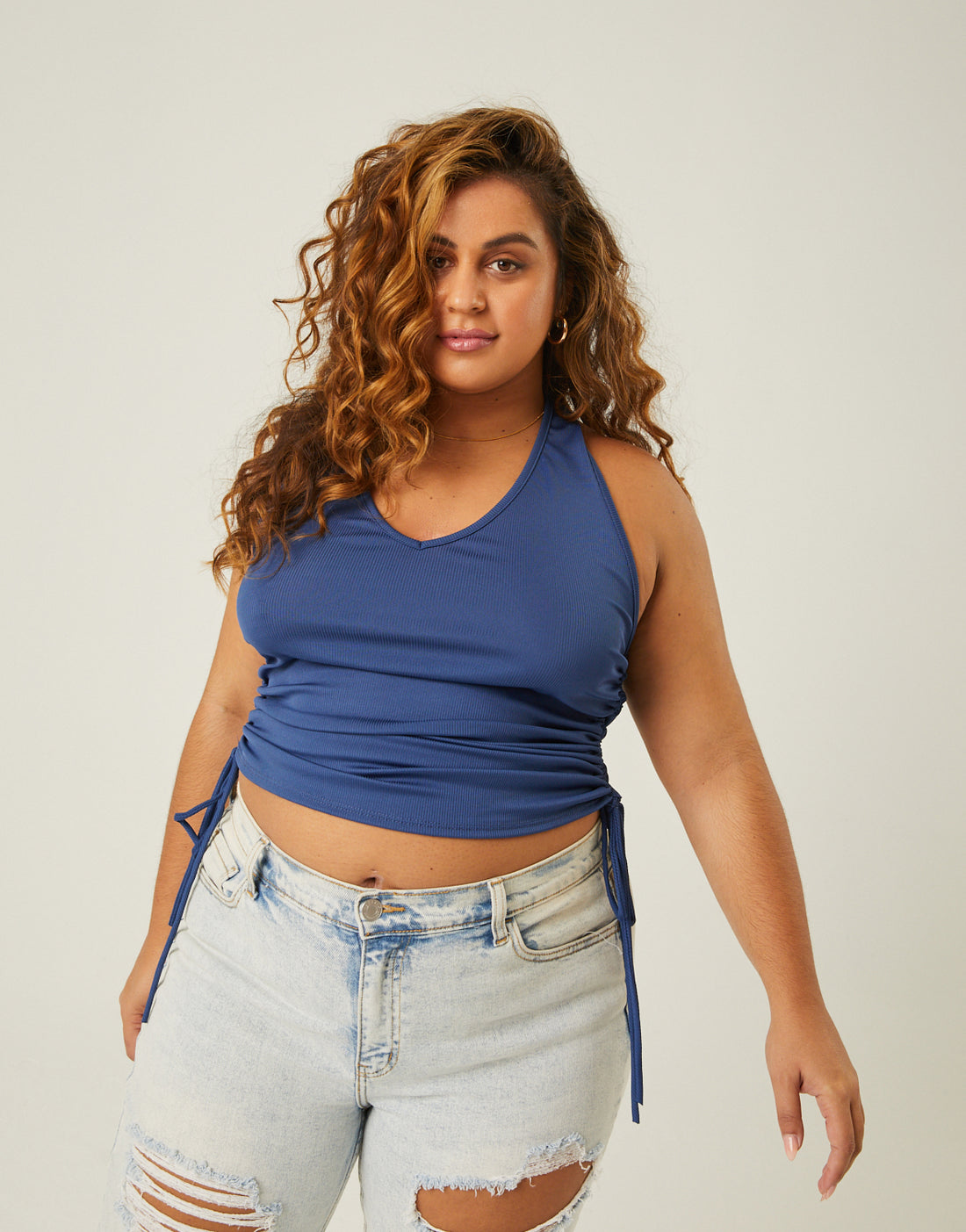 Curve Side Ruched Halter Top Plus Size Tops Navy 1XL -2020AVE