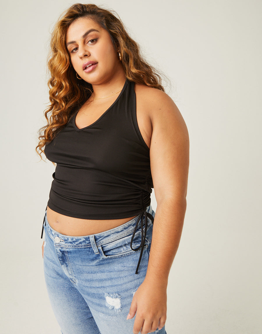 Curve Side Ruched Halter Top Plus Size Tops Black 1XL -2020AVE
