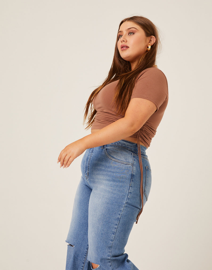 Curve Side Ruched Tee Plus Size Tops Brown 1XL -2020AVE