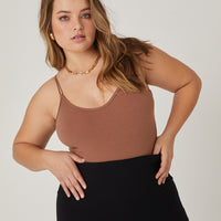 Curve Simple Ribbed Bodysuit Plus Size Tops Brown 1XL -2020AVE