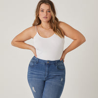 Curve Simple Ribbed Bodysuit Plus Size Tops White 1XL -2020AVE