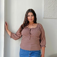 Curve Smocked Back Long Sleeve Blouse Plus Size Tops Brown 1XL -2020AVE