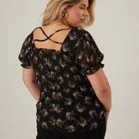 Curve Smocked Chiffon Floral Blouse Plus Size Tops -2020AVE