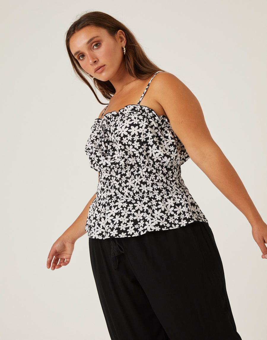 Curve Smocked Contrast Floral Tank Plus Size Tops Black 1XL -2020AVE