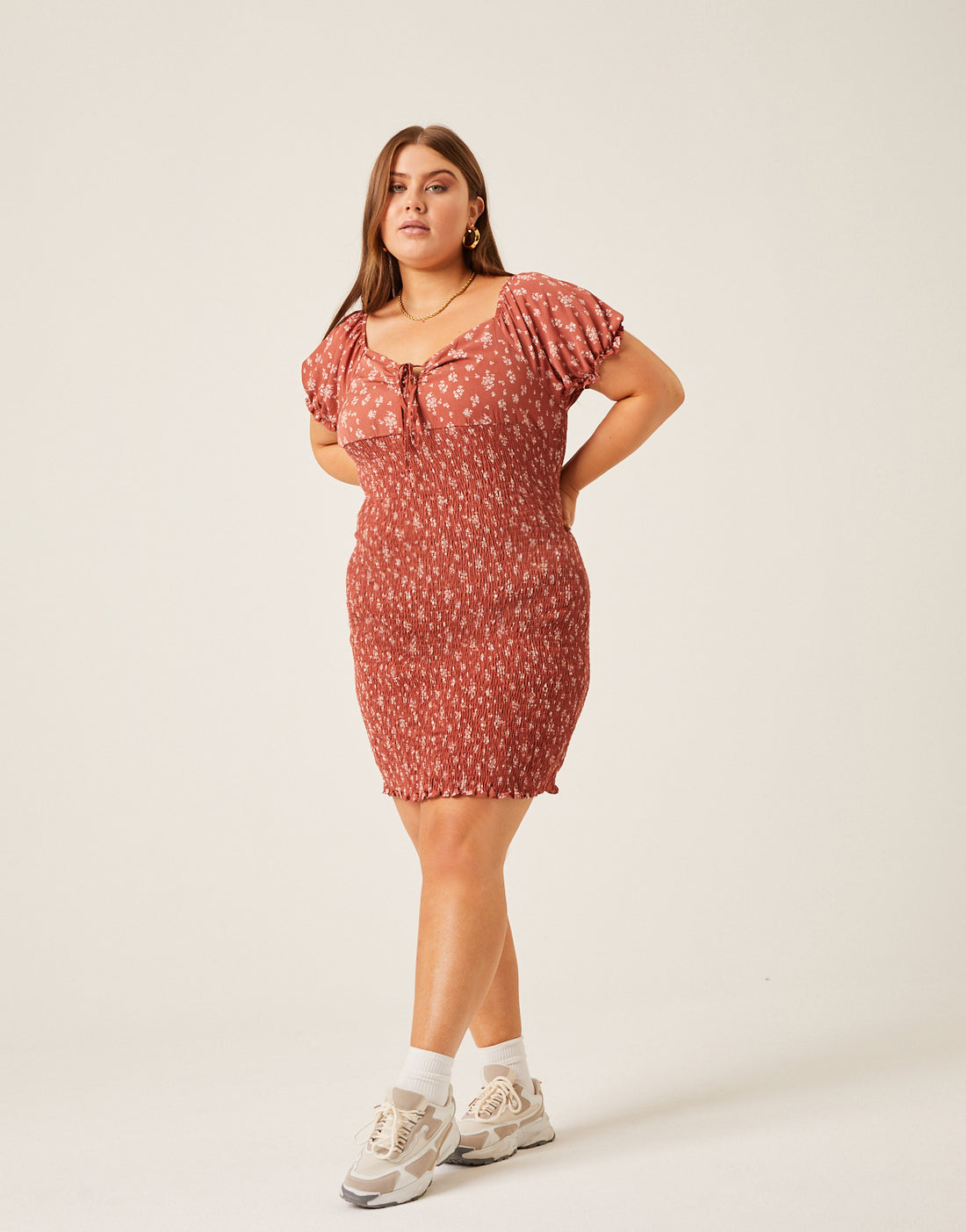 Curve Smocked Floral Bodycon Dress Plus Size Dresses Red 1XL -2020AVE