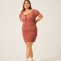 Curve Smocked Floral Bodycon Dress Plus Size Dresses Red 1XL -2020AVE