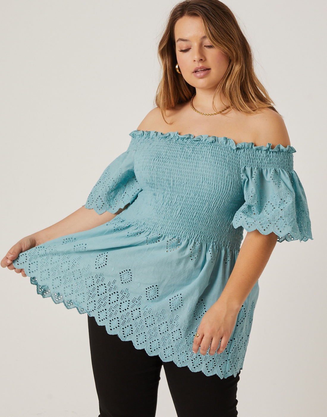 Curve Smocked Eyelet Lace Top Plus Size Tops Blue 1XL -2020AVE