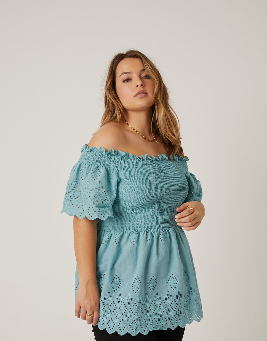 Curve Smocked Eyelet Lace Top Plus Size Tops -2020AVE