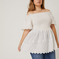 Curve Smocked Eyelet Lace Top Plus Size Tops White 1XL -2020AVE