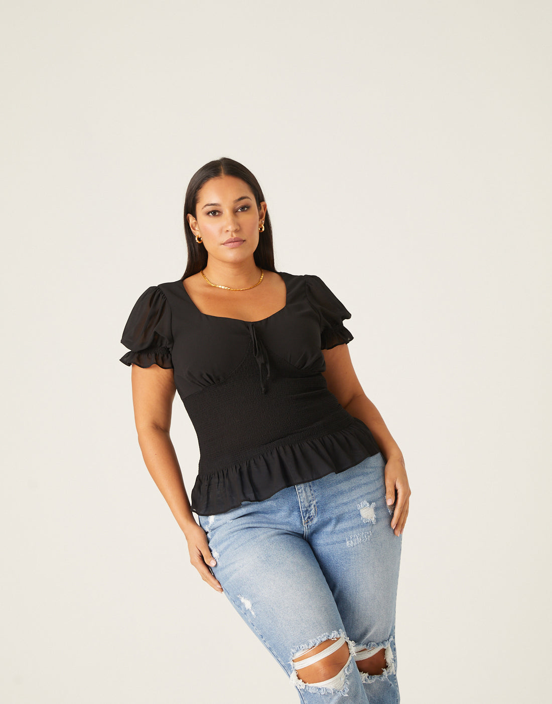 Curve Smocked Gathered Chiffon Top Plus Size Tops Black 1XL -2020AVE