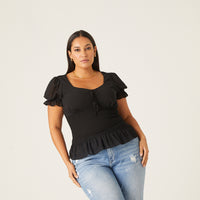 Curve Smocked Gathered Chiffon Top Plus Size Tops Black 1XL -2020AVE