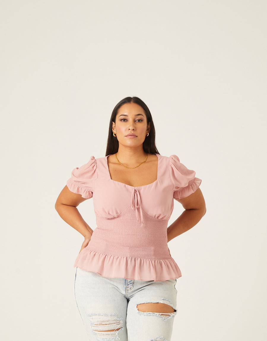 Curve Smocked Gathered Chiffon Top Plus Size Tops Pink 1XL -2020AVE
