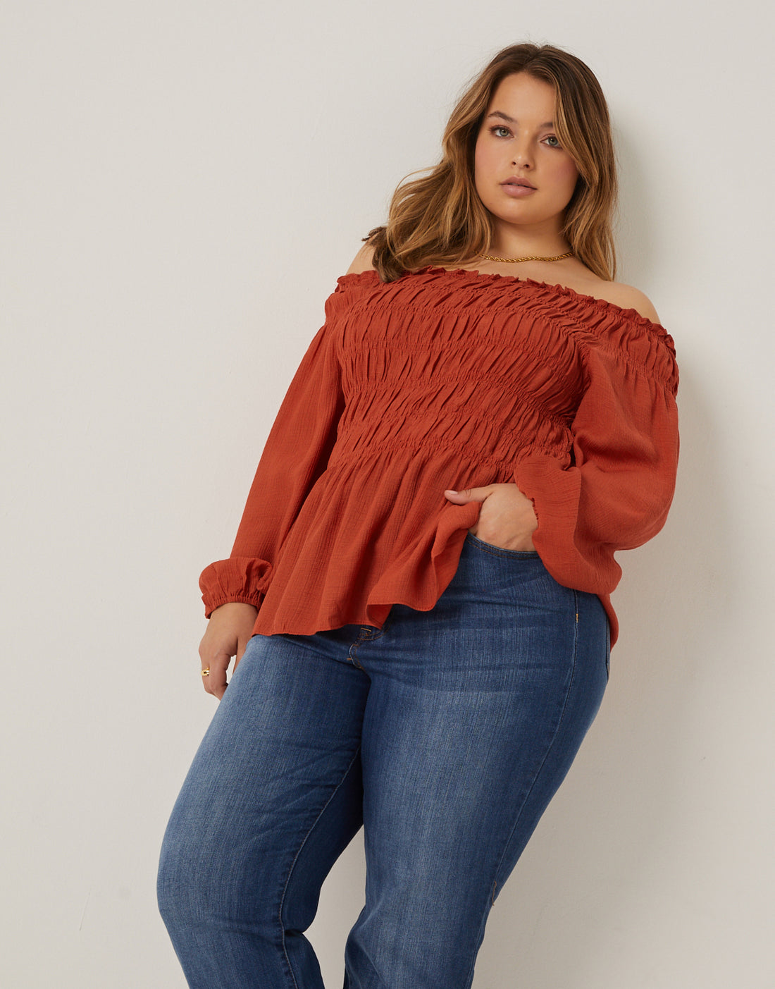 Curve Smocked Off Shoulder Blouse Plus Size Tops Rust 1XL -2020AVE