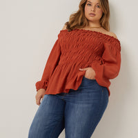 Curve Smocked Off Shoulder Blouse Plus Size Tops Rust 1XL -2020AVE