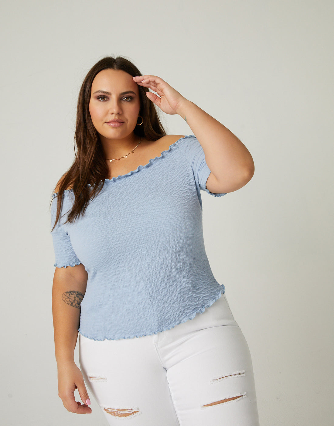 Curve Smocked Off The Shoulder Top Plus Size Tops Blue 1XL -2020AVE