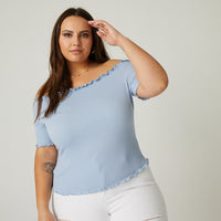 Curve Smocked Off The Shoulder Top Plus Size Tops Blue 1XL -2020AVE