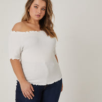 Curve Smocked Off The Shoulder Top Plus Size Tops White 1XL -2020AVE