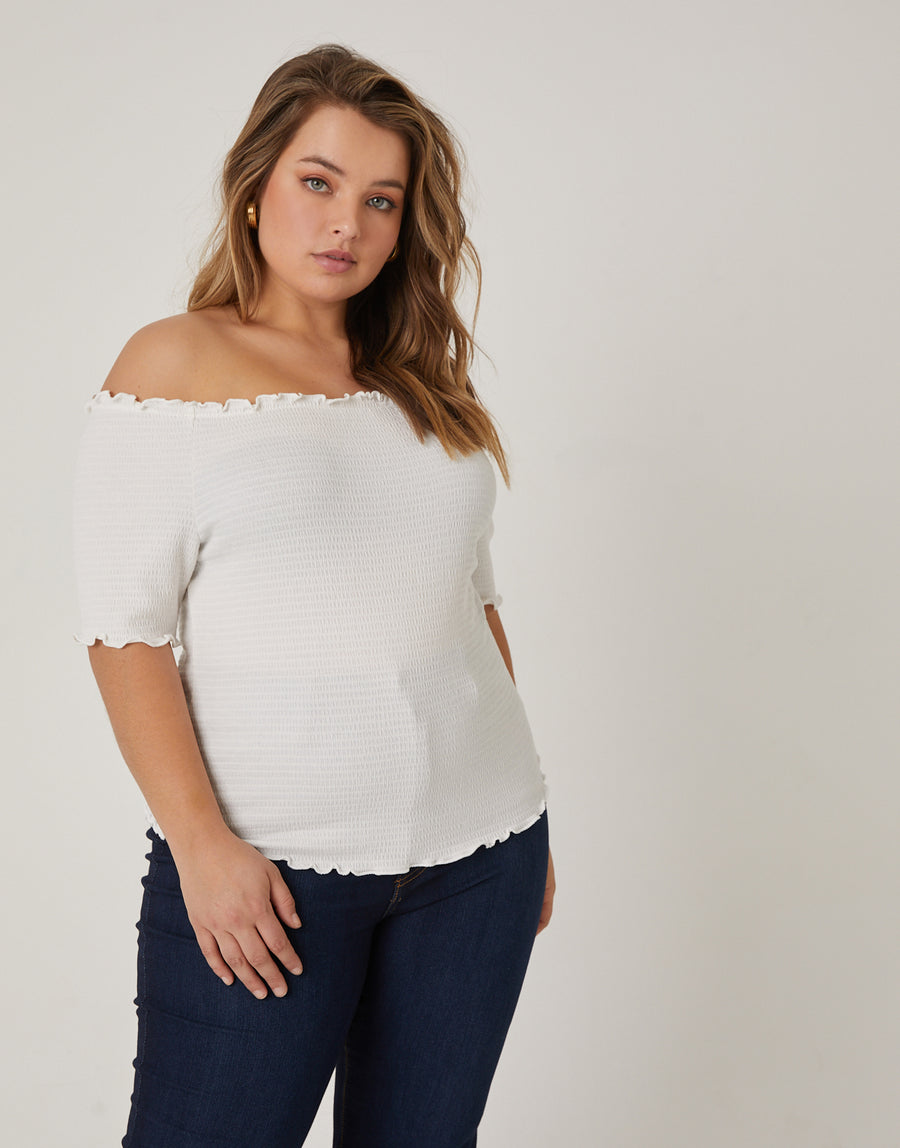Curve Smocked Off The Shoulder Top Plus Size Tops White 1XL -2020AVE