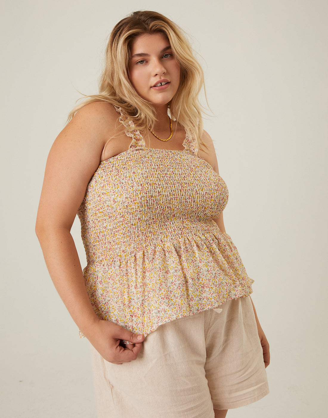 Curve Smocked Ruffle Floral Tank Plus Size Tops Ivory 1XL -2020AVE